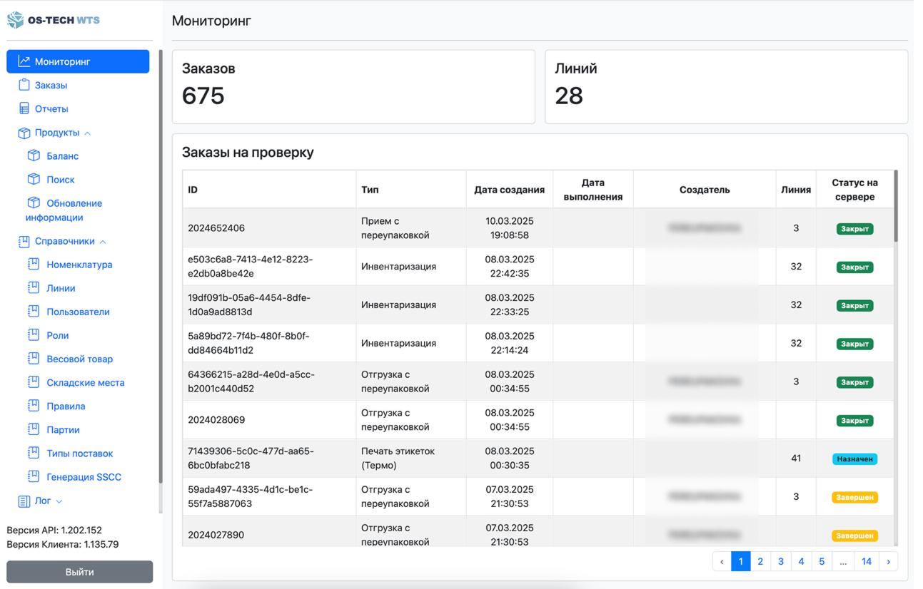 Мониторинг складских операций в интерфейсе OST WTS
